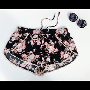 Ladies Black and Pink Floral Print Shorts